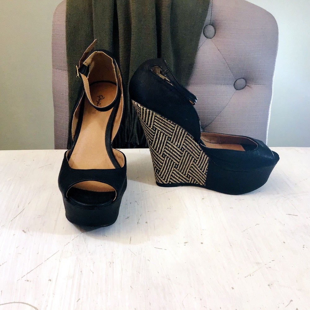 Qupid Woven Platform Wedges